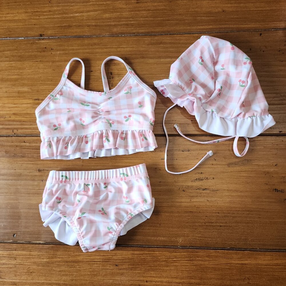 Baby Girl Cherry Print Plaid Bikini Swimsuit & Cap NWOT